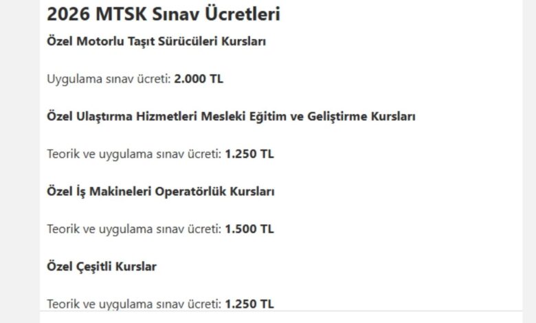 2026 MTSK sınav ücretleri listesi